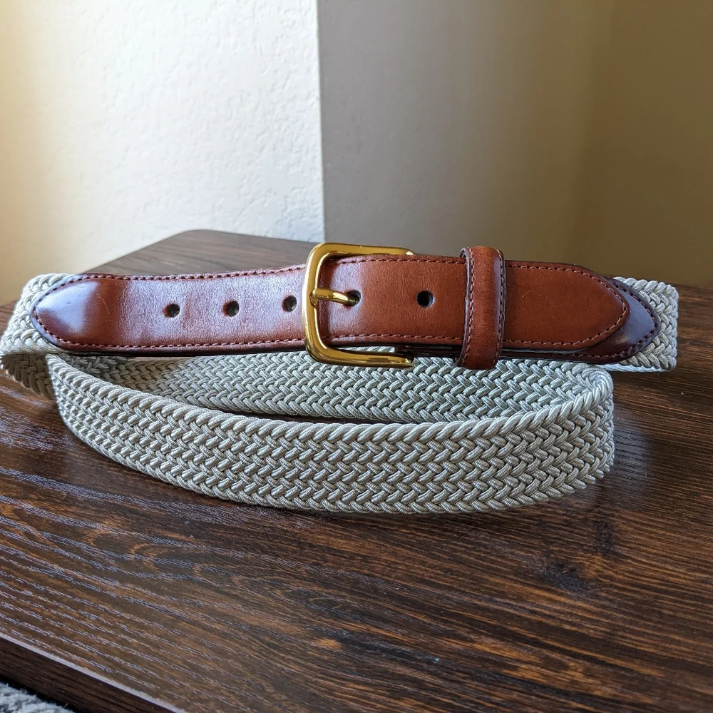 Lands' End Light Beige Braided Elastic Leather End Brass Buckle Belt - Picture 1 of 10